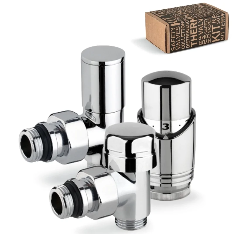Kit valvola termostatizzabile + detentore + testa termostatica d'arredo cromati ad angolo Kit valvola termostatizzabile + detentore + testa termostatica d'arredo cromati ad angolo