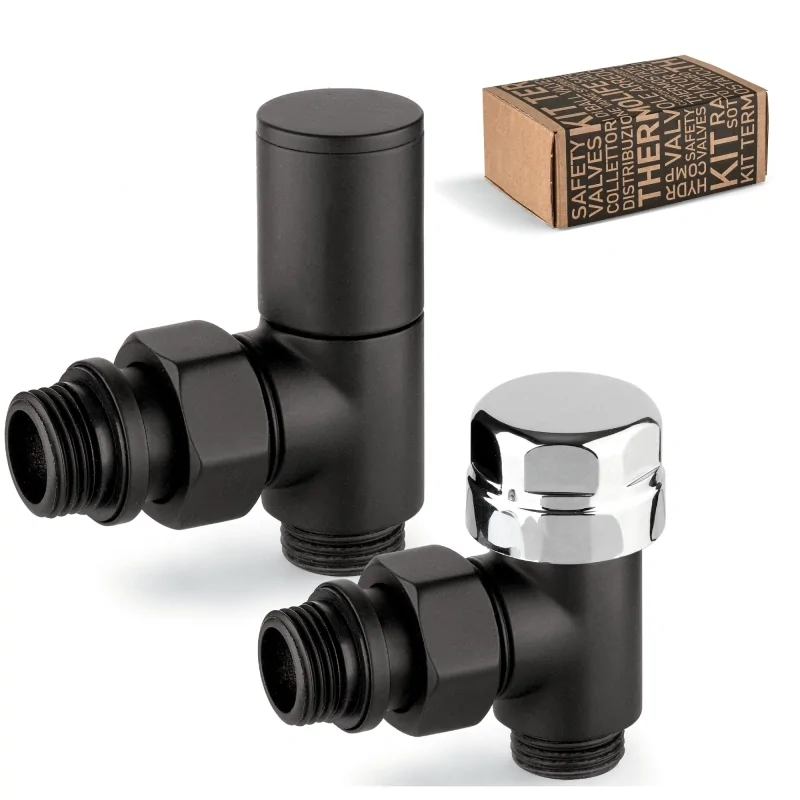 Kit valvola termostatizzabile + detentore d'arredo neri ad angolo Kit valvola termostatizzabile + detentore d'arredo neri ad angolo