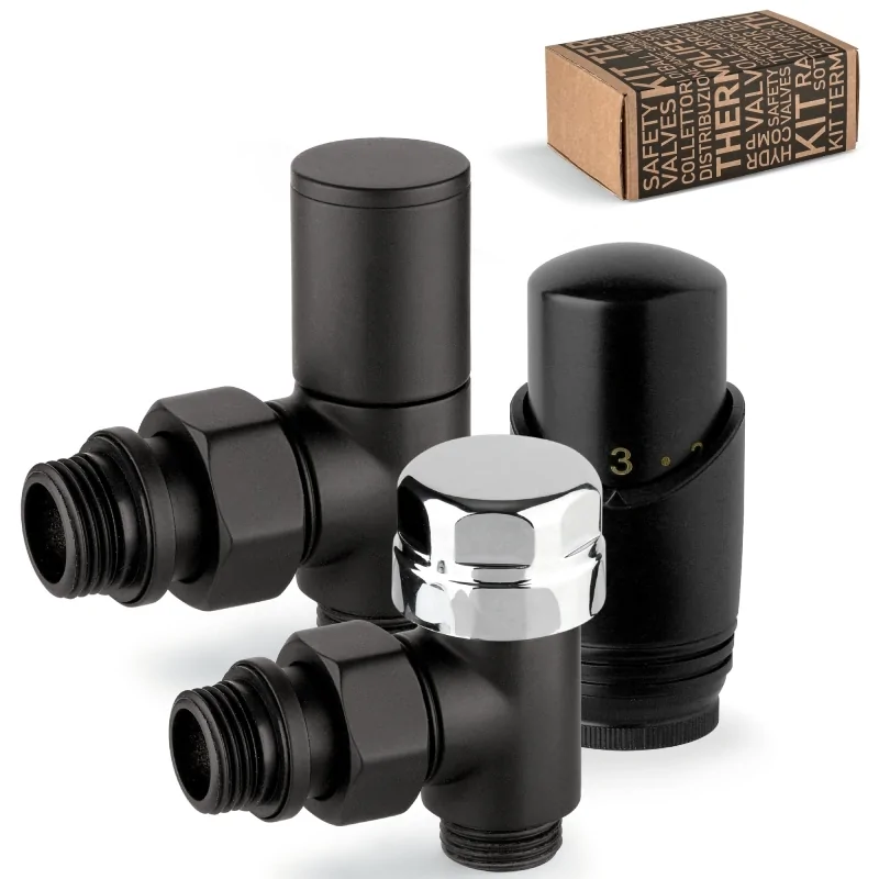Kit valvola termostatizzabile + detentore + testa termostatica d'arredo neri ad angolo Kit valvola termostatizzabile + detentore + testa termostatica d'arredo neri ad angolo