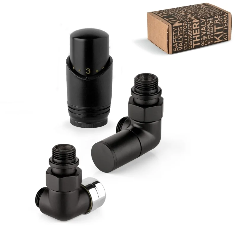 Kit valvola termostatizzabile versione sinistra + detentore versione destra + testa termostatica d'arredo neri Kit valvola termostatizzabile versione sinistra + detentore versione destra + testa termostatica d'arredo neri