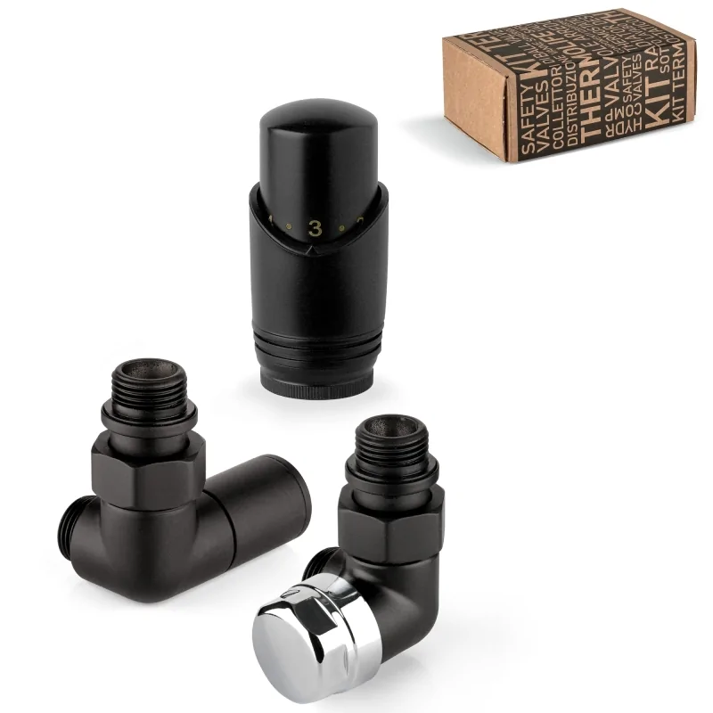 Kit valvola termostatizzabile versione destra + detentore versione sinistra + testa termostatica d'arredo neri Kit valvola termostatizzabile versione destra + detentore versione sinistra + testa termostatica d'arredo neri