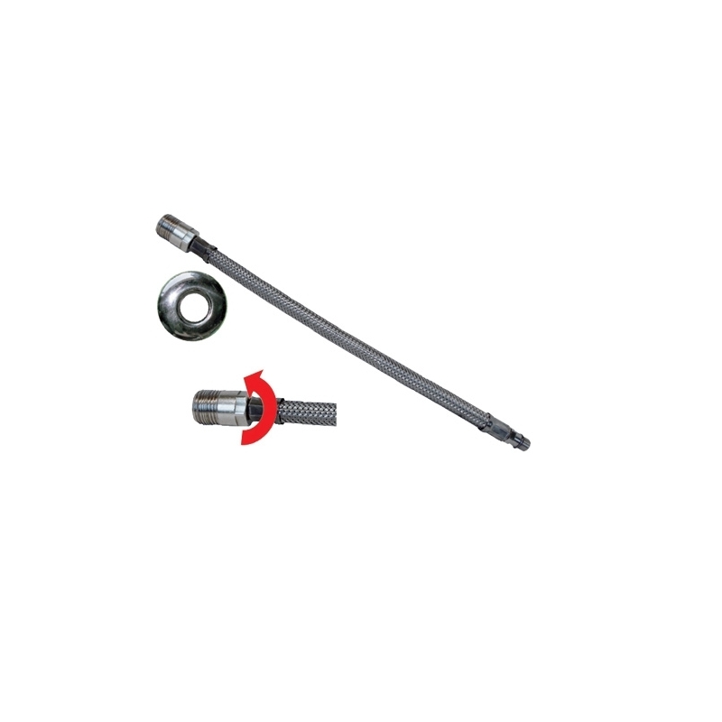 Flessibile trecciato per miscelatori in acciaio inox AISI 304 7 fili DN8 maschio girevole prolungato con rosone - maschio corto