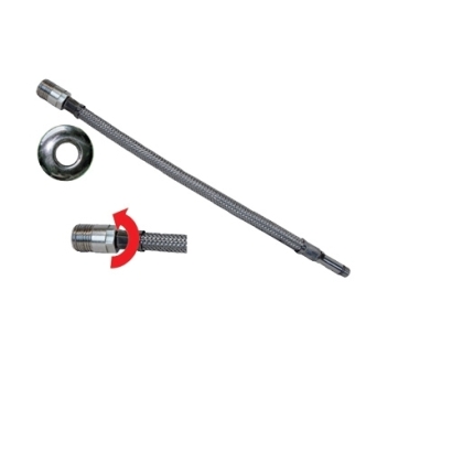 Tubo flessibile trecciato per miscelatori in acciaio inox AISI 304 7 fili DN8 Maschio girevole prolungato con rosone lungo