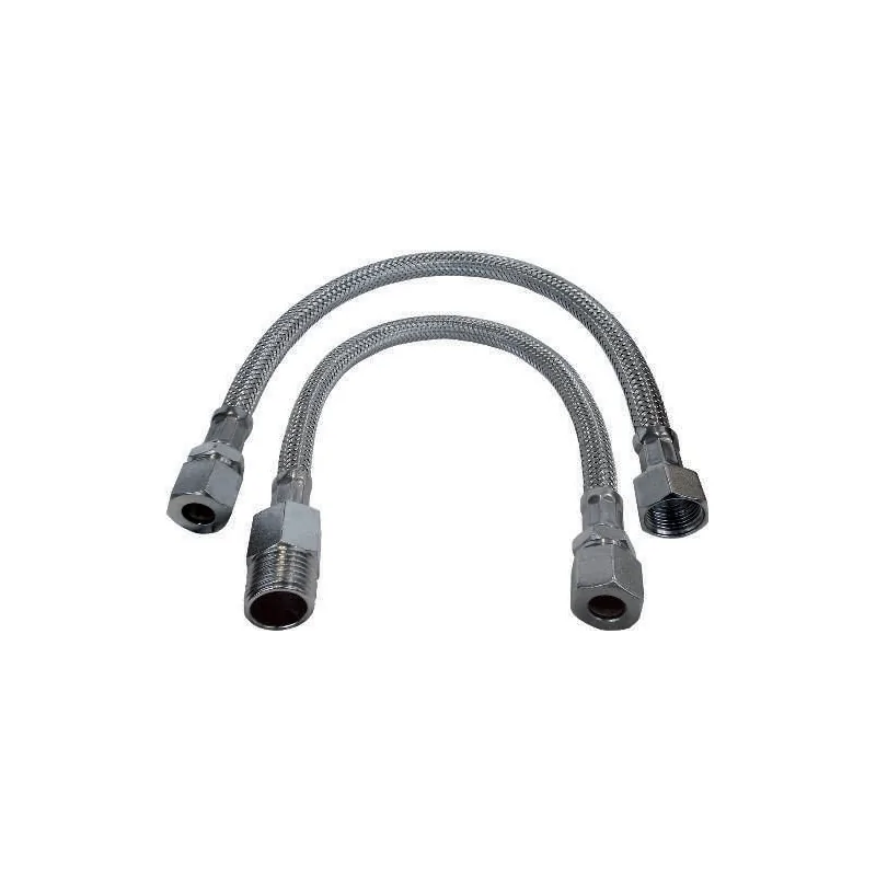 Tubo flessibile trecciato antischiacciamento per monoforo in acciaio inox AISI 304 DN8 con attacco a compressione per tubo rame Tubo flessibile trecciato antischiacciamento per monoforo in acciaio inox AISI 304 DN8 con attacco a compressione per tubo rame