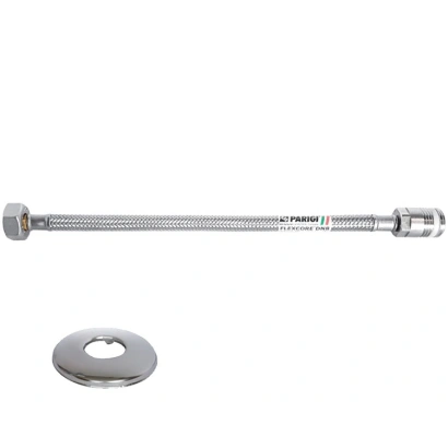 Tubo flessibile trecciato antischiacciamento in acciaio inox AISI 304 DN8 prolungato 3/8"M x 1/2"F