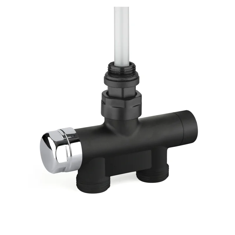 Valvola termostatizzabile mono-bitubo d'arredo nera dritta con bypass e detentore Valvola termostatizzabile mono-bitubo d'arredo nera dritta con bypass e detentore