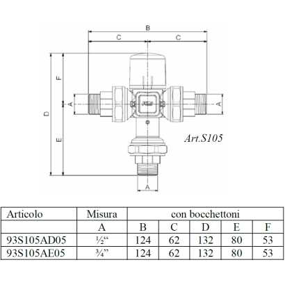 Valvola deviatrice termostatica per impianti solari con attacchi a bocchettone Maschio/Maschio modello S105