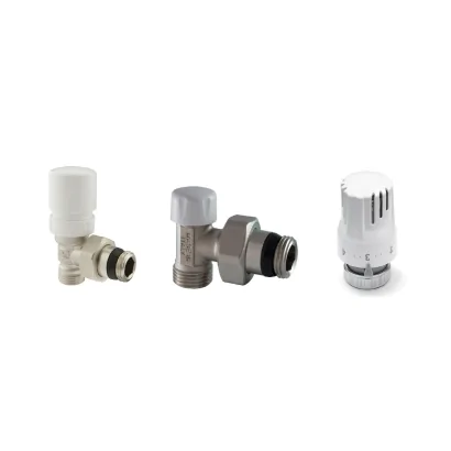Kit composto da valvola e detentore ad angolo + testa termostatica ECO