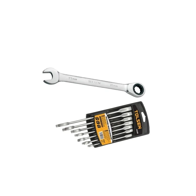 Kit 7 chiavi combinate a cricchetto in acciaio al cromo vanadio, finitura satinata, gancio in plastica