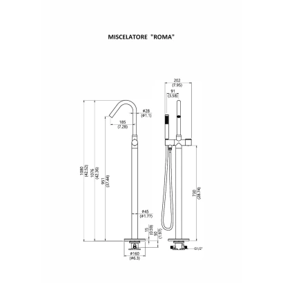 Miscelatore "ROMA" nickel spazzolato a pavimento per vasche free standing