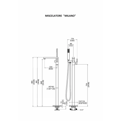 Miscelatore "MILANO" cromato a pavimento per vasche free standing