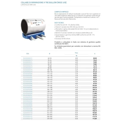 Collare di riparazione a 3 tiranti/bulloni con larghezza di 200 mm