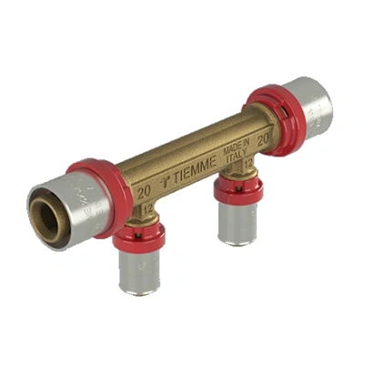 Raccordo distributore doppia linea a pressare per connessione tubo pex Ø12 e connessione tubo multistrato Ø20