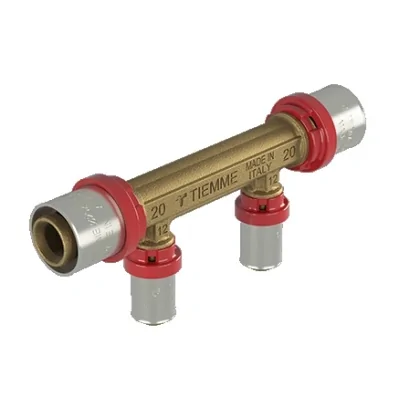 Raccordo distributore doppia linea a pressare per connessione tubo pex Ø12 e connessione tubo multistrato Ø20