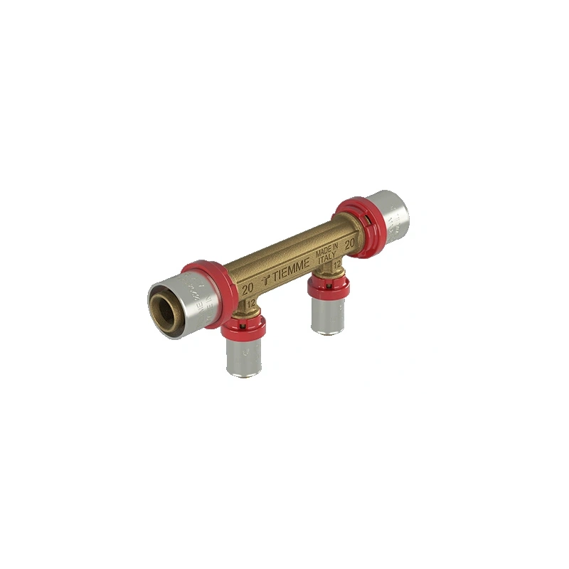 Raccordo distributore doppia linea a pressare per connessione tubo pex Ø12 e connessione tubo multistrato Ø20