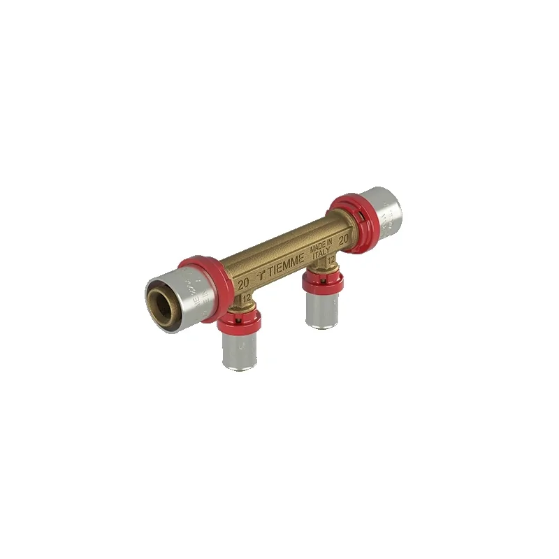 Raccordo distributore doppia linea a pressare per connessione tubo pex Ø12 e connessione tubo multistrato Ø20