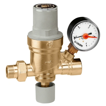 Gruppo di riempimento automatico CALEFFI, articolo 553640, con rubinetto, filtro, valvola di non ritorno e manometro