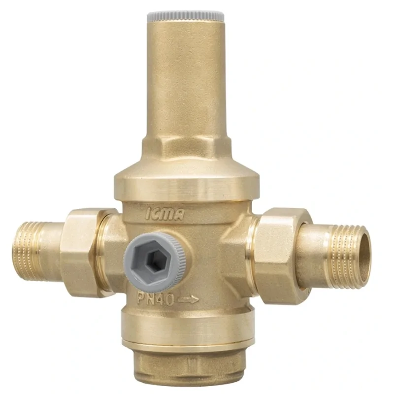 Riduttore di pressione ICMA, articolo 271, PN25 con attacchi a bocchettone M/M e con attacco manometro 1/4" Riduttore di pressione ICMA, articolo 271, PN25 con attacchi a bocchettone M/M e con attacco manometro 1/4"