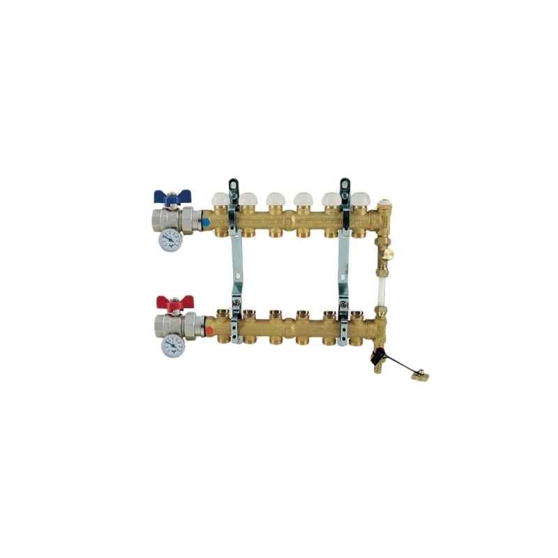 Collettore di distribuzione da 1" con BY-PASS, con derivazioni 3/4"x18 EUROCONO e vitoni a memoria meccanica Collettore di distribuzione da 1" con BY-PASS, con derivazioni 3/4"x18 EUROCONO e vitoni a memoria meccanica