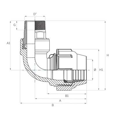 Gomito maschio di transizione con inserto in ottone