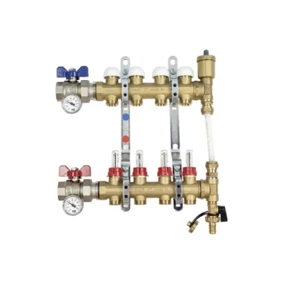 Collettore di distribuzione da 1" con BY-PASS differenziale, flussimetri e disareatore, con derivazioni 3/4"x18 EUROCONO