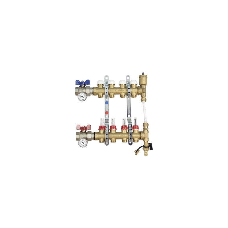 Collettore di distribuzione da 1" con BY-PASS differenziale, flussimetri e disareatore, con derivazioni 3/4"x18 EUROCONO
