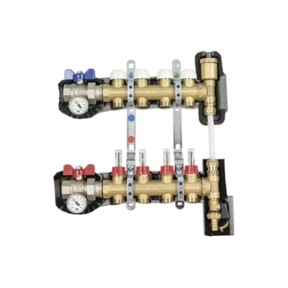 Collettore di distribuzione da 1" coibentato con BY-PASS differenziale, flussimetri, disareatore e derivazioni 3/4"x18 EUROCONO
