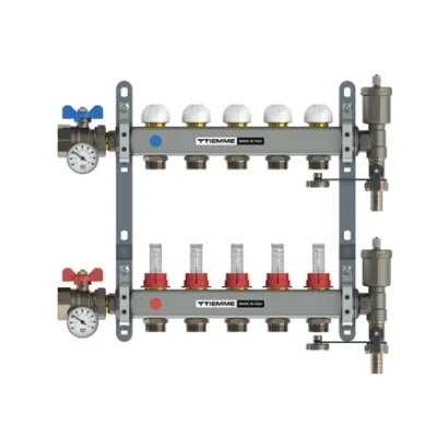 Collettore di distribuzione in acciaio da 1" con derivazioni 3/4"x18 EUROCONO, flussimetri, valvole sfogo aria e di scarico