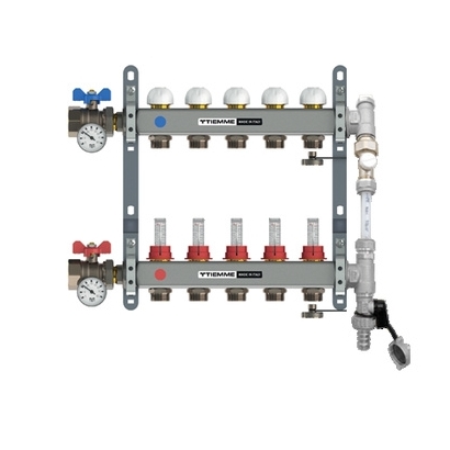 Collettore di distribuzione in acciaio da 1" con derivazioni 3/4"x18 EUROCONO, bypass, flussimetri e valvole di sfogo aria