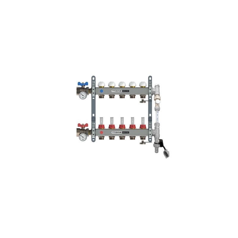 Collettore di distribuzione in acciaio da 1" con derivazioni 3/4"x18 EUROCONO, bypass, flussimetri e valvole di sfogo aria