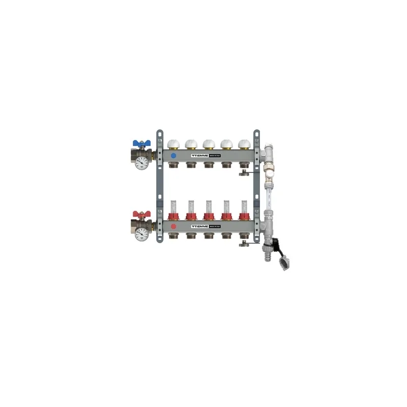 Collettore di distribuzione in acciaio da 1" con derivazioni 3/4"x18 EUROCONO, bypass, flussimetri e valvole di sfogo aria Collettore di distribuzione in acciaio da 1" con derivazioni 3/4"x18 EUROCONO, bypass, flussimetri e valvole di sfogo aria