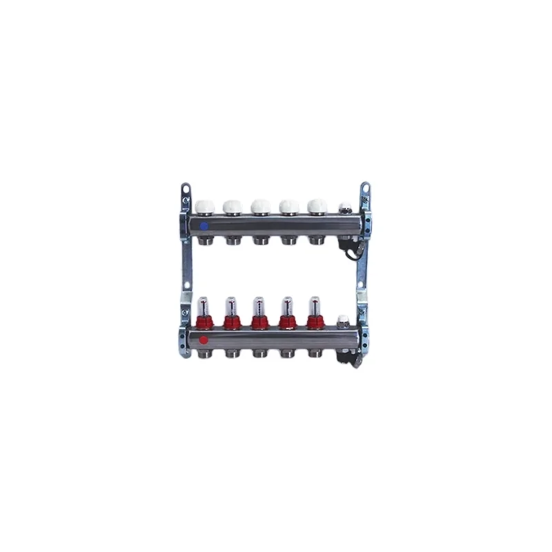 Collettore di distribuzione in acciaio da 1" con derivazioni 3/4"x18 (Eurocono) e flussimetri Collettore di distribuzione in acciaio da 1" con derivazioni 3/4"x18 (Eurocono) e flussimetri