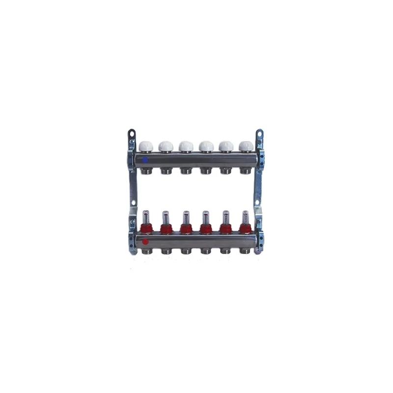 Collettore di distribuzione in acciaio da 1" con derivazioni 3/4"x18 (Eurocono) e flussimetri Collettore di distribuzione in acciaio da 1" con derivazioni 3/4"x18 (Eurocono) e flussimetri