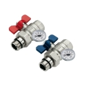 Valvola a sfera dritta a passaggio totale con pretenuta, tenuta con o-ring e termometro con attacco reversibile