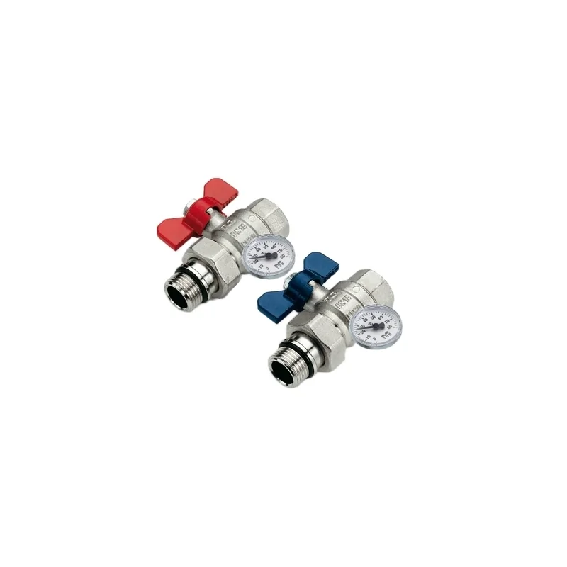 Valvola a sfera maschio/femmina con bocchettone con o-ring, pretenuta e termometro con attacco reversibile Valvola a sfera maschio/femmina con bocchettone con o-ring, pretenuta e termometro con attacco reversibile