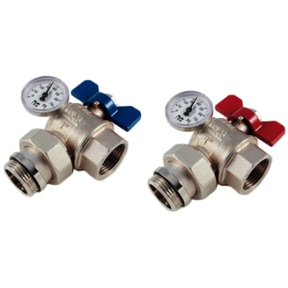Rubinetto a sfera a squadra maschio/femmina con bocchettone con o-ring, pretenuta e termometro con attacco reversibile