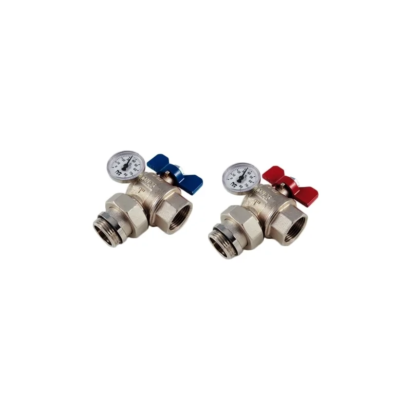 Rubinetto a sfera a squadra maschio/femmina con bocchettone con o-ring, pretenuta e termometro con attacco reversibile Rubinetto a sfera a squadra maschio/femmina con bocchettone con o-ring, pretenuta e termometro con attacco reversibile